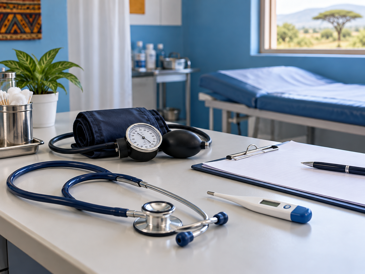 Stethoscope, blood pressure cuff and thermometer arranged for outpatient care